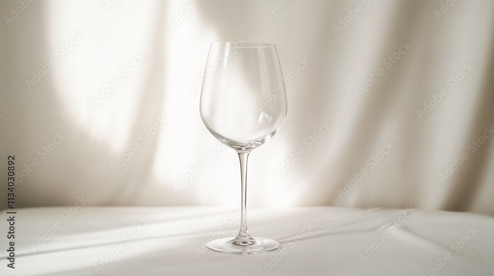 Minimalist clear wine glass on a white table with soft shadow play, ideal for lifestyle or product website banners and headers Minimalist clear wine glass on a white table with soft shadow play, ideal for lifestyle or product website banners and headers