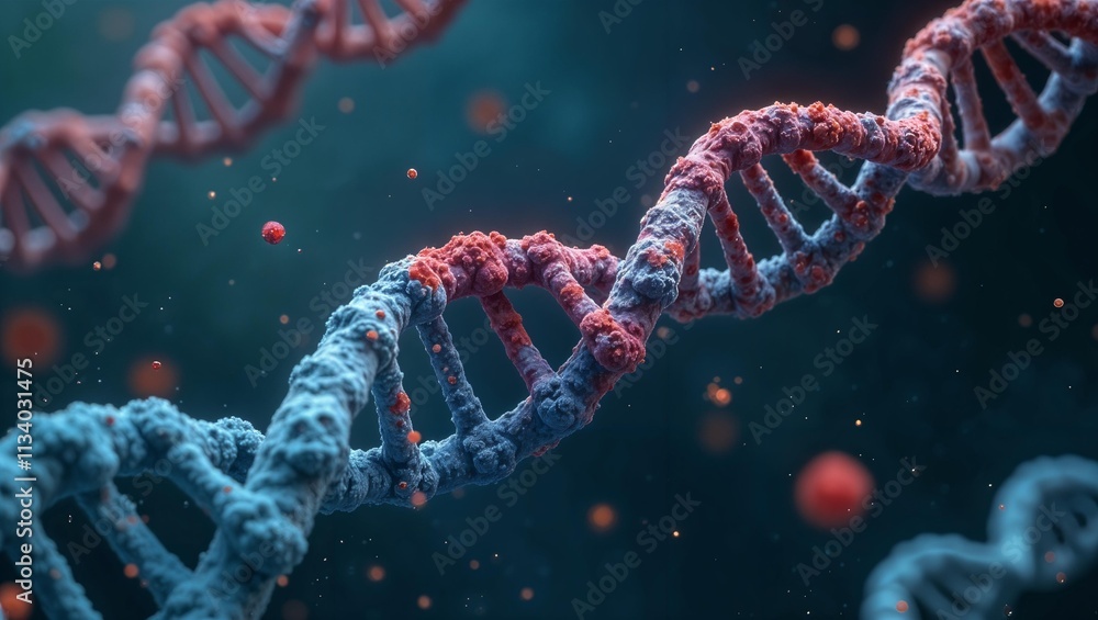 DNA spiral on blue background. Investigation of structure of deoxyribonucleic acid. Advanced concepts of science, genetic biotechnology. Molecular structure for study of chemistry, biology, gene cells DNA spiral on blue background. Investigation of structure of deoxyribonucleic acid. Advanced concepts of science, genetic biotechnology. Molecular structure for study of chemistry, biology, gene cells