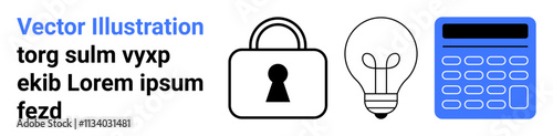 Padlock, light bulb, and calculator icons arranged consecutively with text. Ideal for security, creativity, finance, technology, problem-solving protection and education themes. Landing page