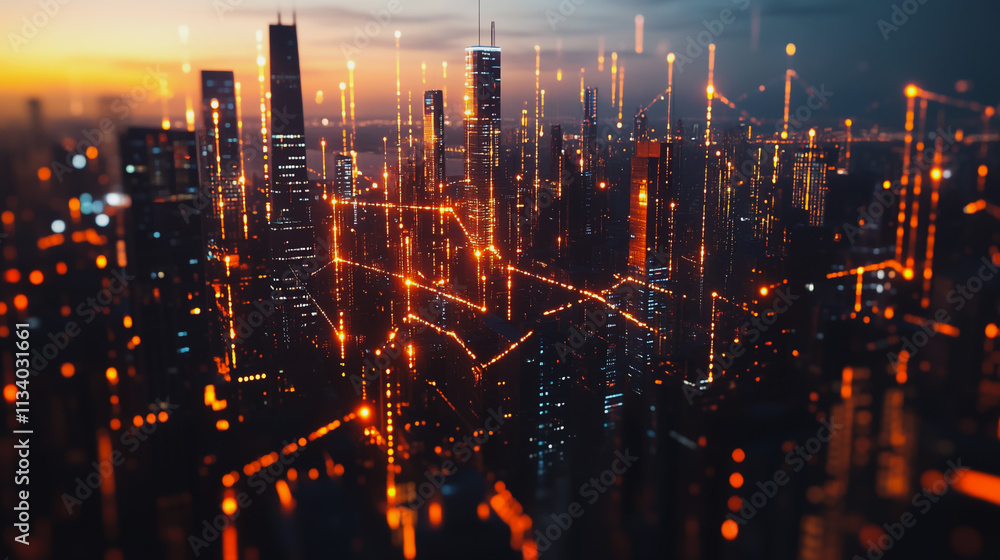 Fototapeta premium Smart digital Innovation city with connection network reciprocity over the cityscape. of future smart wireless digital city and social media networking systems that connects people with in city