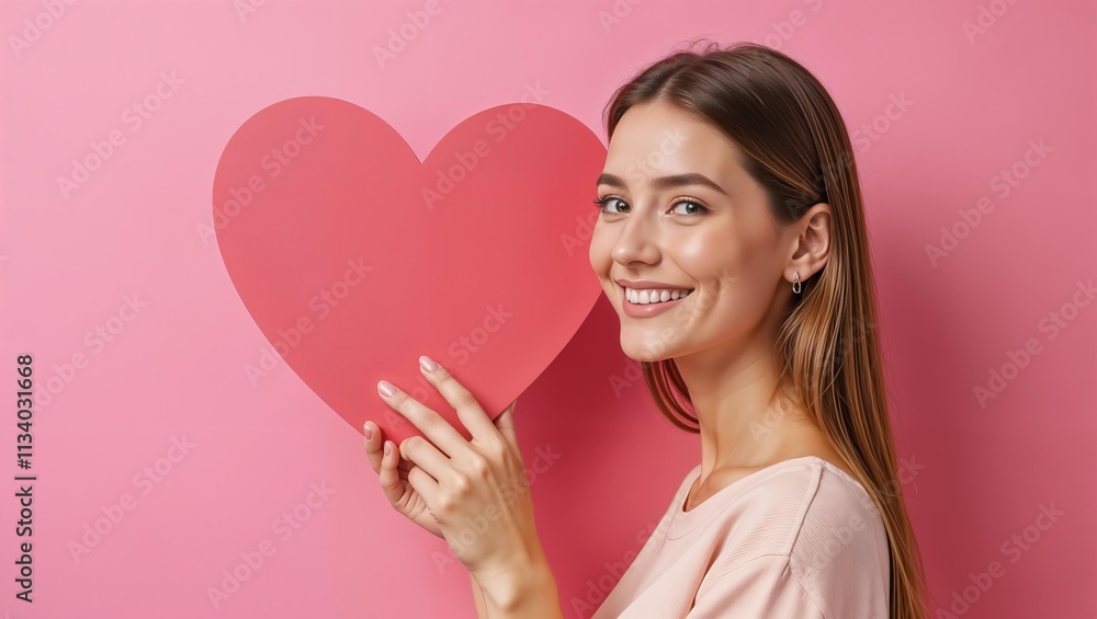 Beautiful female confesses her love on pink background. Smiling young woman with red heart in her hands. Banner or Valentine's Day card with copy space for text Beautiful female confesses her love on pink background. Smiling young woman with red heart in her hands. Banner or Valentine's Day card with copy space for text