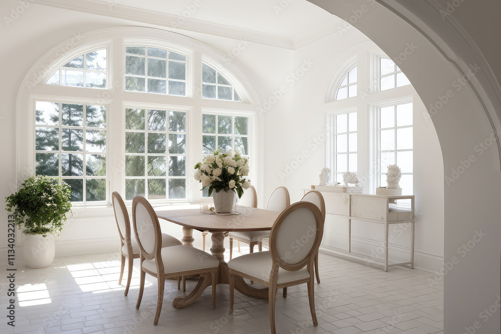 Fototapeta premium Elegant Bright Dining Room with Large Windows and Decor