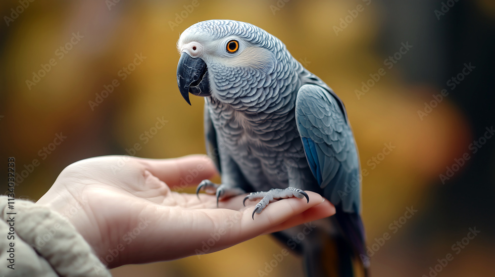 Obraz premium Grey colored parrot perching on hand.