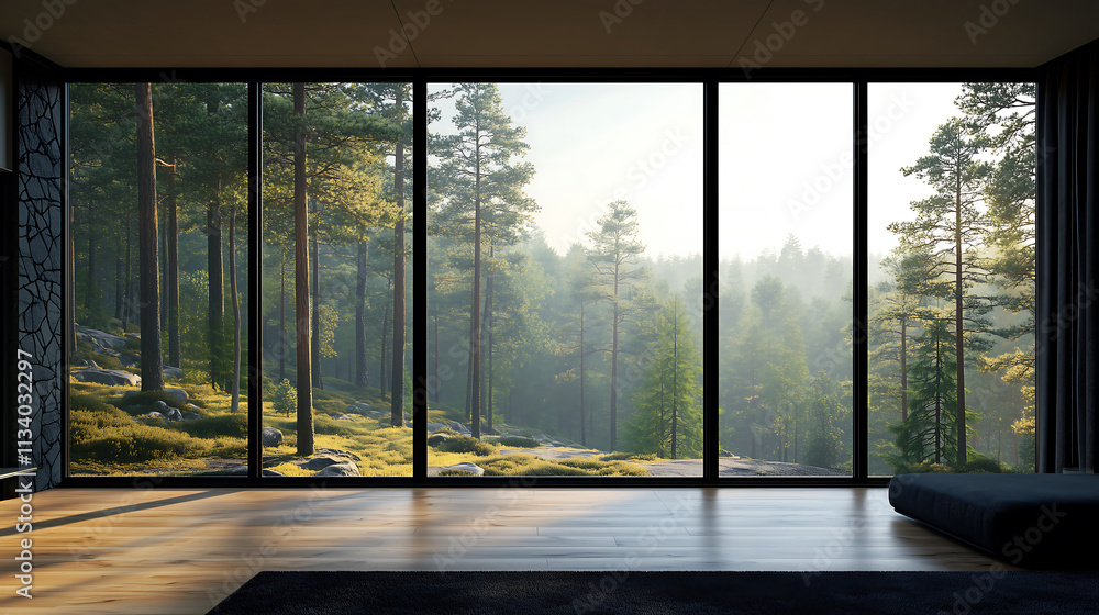 Fototapeta premium View from the house through panoramic windows onto the beautiful nature. Country house, modern house in the forest.