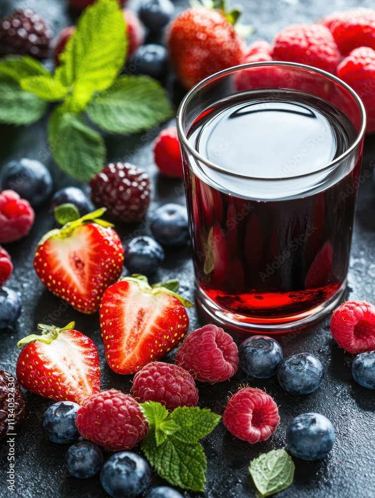 A glass of berry juice surrounded by fresh strawberries, raspberries, blueberries, and mint leaves. A glass of berry juice surrounded by fresh strawberries, raspberries, blueberries, and mint leaves.