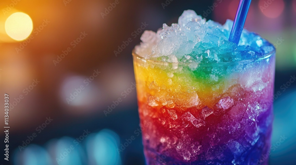 Colorful Rainbow Layered Drink with Ice in a Clear Glass Colorful Rainbow Layered Drink with Ice in a Clear Glass