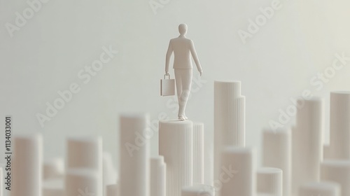 Miniature businessman walking on top of abstract city pillars. photo