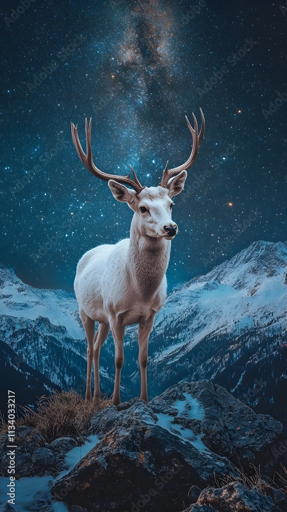 Fototapeta premium A majestic white deer with perfect antlers, on the mountain and the view of the stars in the beautiful sky