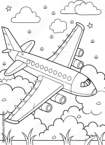 Flying airplane with clouds in cartoon style colouring page