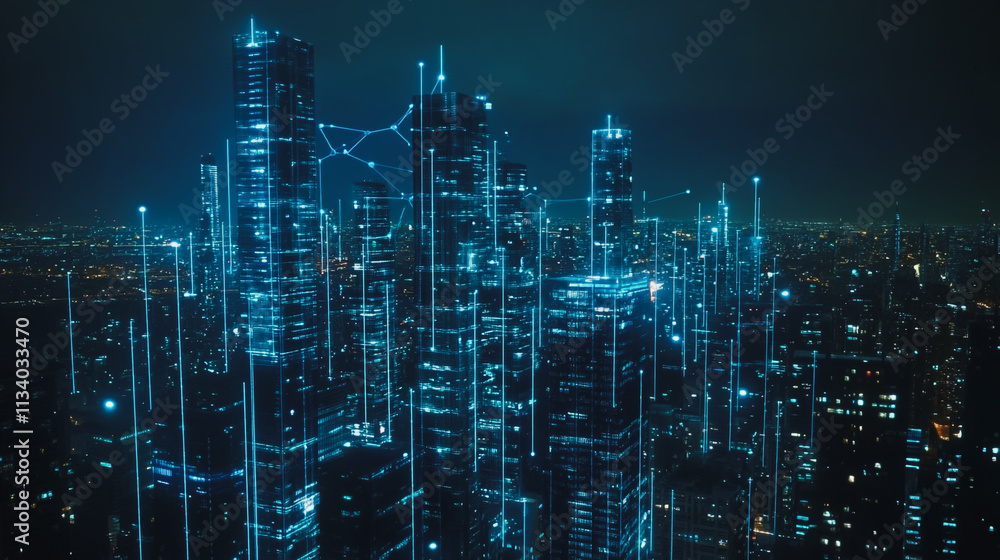 Smart digital Innovation city with connection network reciprocity over the cityscape. of future smart wireless digital city and social media networking systems that connects people with in city Smart digital Innovation city with connection network reciprocity over the cityscape. of future smart wireless digital city and social media networking systems that connects people with in city