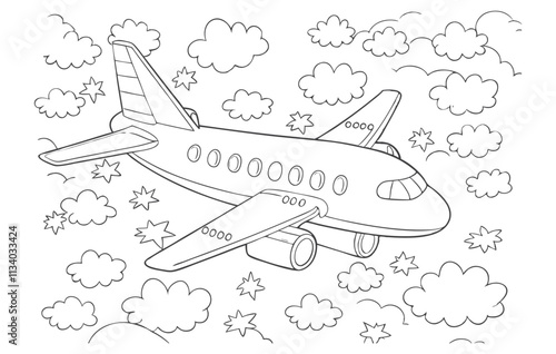 The airplane is flying in the sky. Cartoon isolated vector illustration, black and white coloring pages