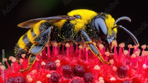 Close-up of a bee on a vibrant red flower.