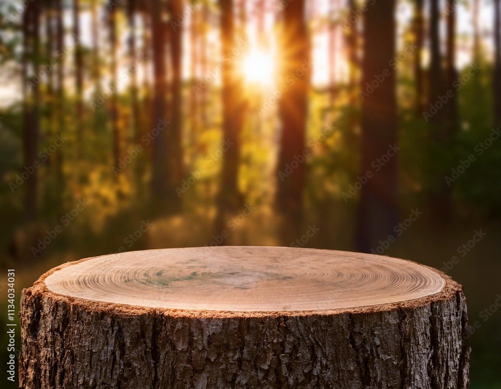 A tranquil forest scene with a tree stump in the foreground and sunlight filtering through the trees A tranquil forest scene with a tree stump in the foreground and sunlight filtering through the trees