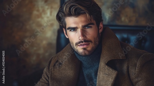 handsome man portrait stylish model in brown coat