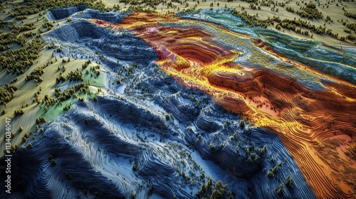 Aerial view of layered, colorful hills. Ideal for illustrating geology, topography, or environmental themes. photo