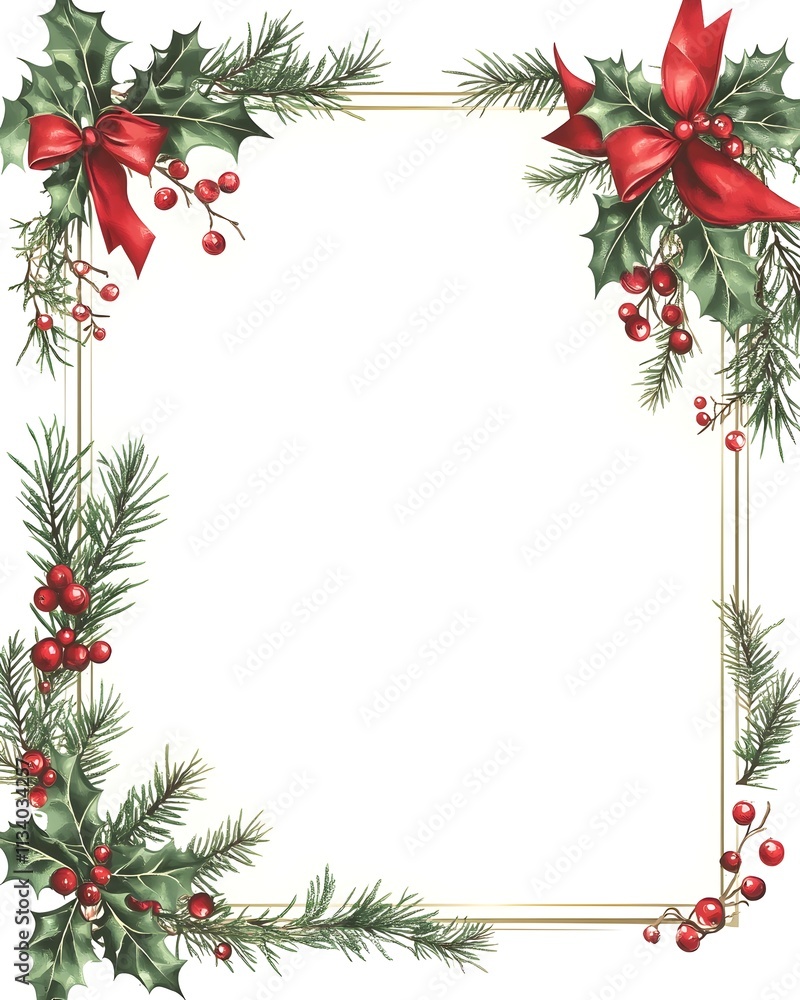 Festive Holiday Frame with Holly Berries and Greenery for Christmas Card and Invitation Design Festive Holiday Frame with Holly Berries and Greenery for Christmas Card and Invitation Design