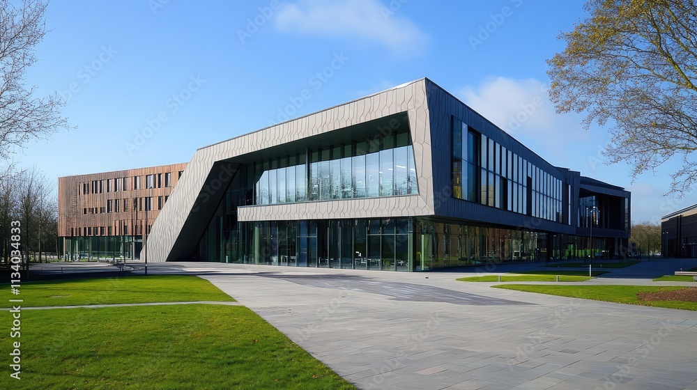 A university building with a zigzagging roofline and faceted walls, creating a dynamic and contemporary visual effect A university building with a zigzagging roofline and faceted walls, creating a dynamic and contemporary visual effect