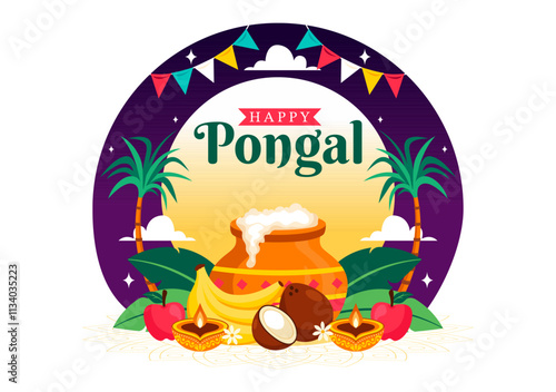 Happy Pongal Vector Illustration of the Traditional Tamil Nadu India Festival Celebration, Featuring Sugarcane and a Plate of Religious Props