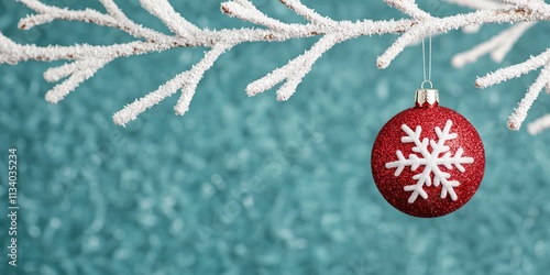 merry christmas peace concept. A festive red ornament with a snowflake design hangs from a frosted branch against a shimmering turquoise background. photo