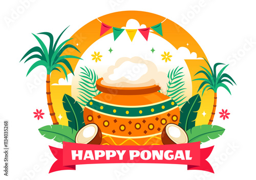 Happy Pongal Vector Illustration of the Traditional Tamil Nadu India Festival Celebration, Featuring Sugarcane and a Plate of Religious Props