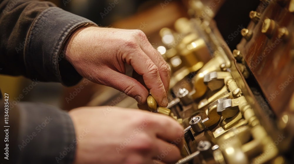 Fototapeta premium A person adjusting brass knobs on a control panel, suggesting mechanical operation.