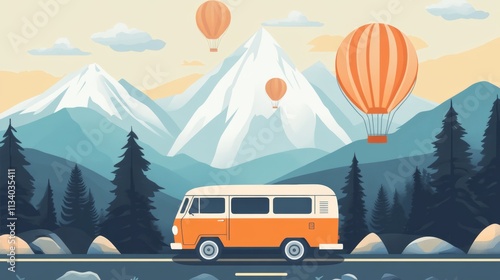 Vector of a retro camper van road trip between mountains and hot air balloons, evoking summer vacations.  photo