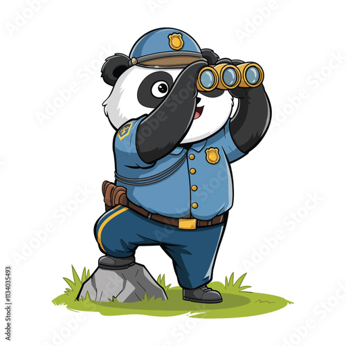 A panda bear police officer wearing a blue uniform and hat, holding binoculars and standing on grass