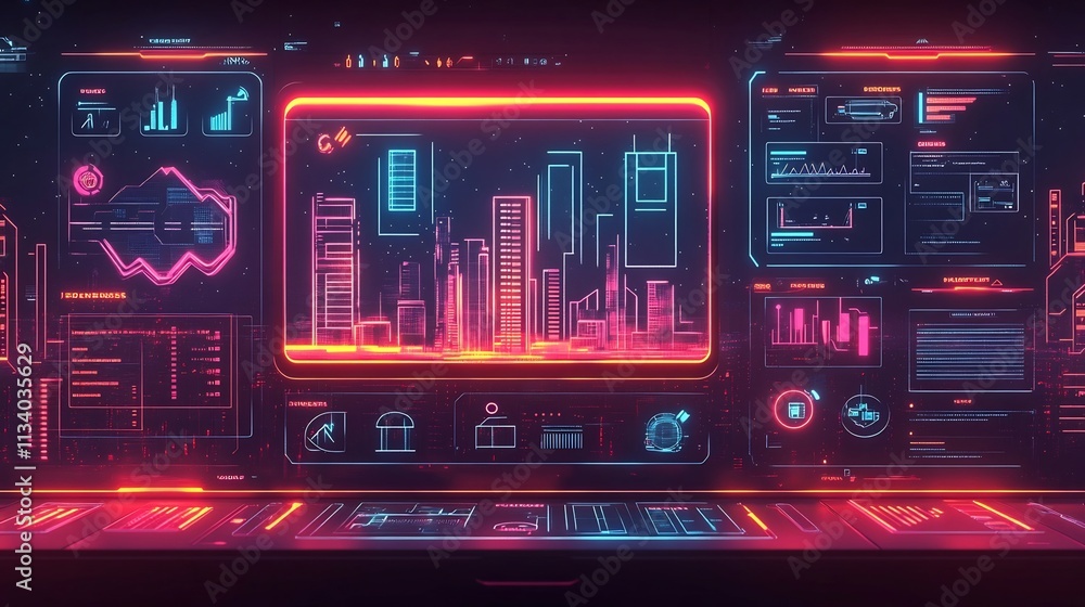 Futuristic Construction Planning Dashboard with Animated Building Icons and Neon Skyline Futuristic Construction Planning Dashboard with Animated Building Icons and Neon Skyline