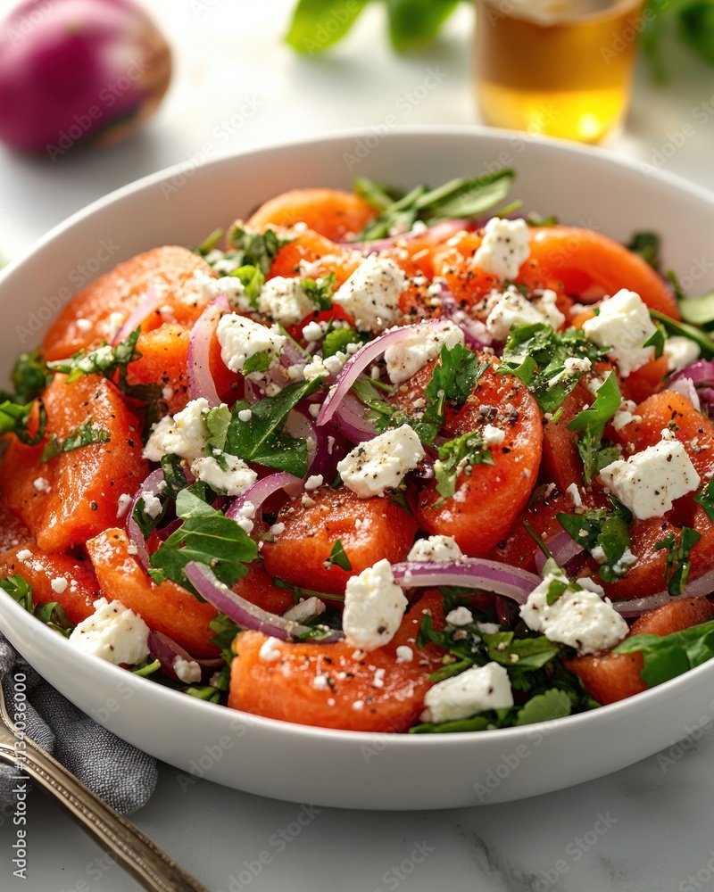 A vibrant salad featuring tomatoes, onions, herbs, and feta cheese in a bowl. A vibrant salad featuring tomatoes, onions, herbs, and feta cheese in a bowl.