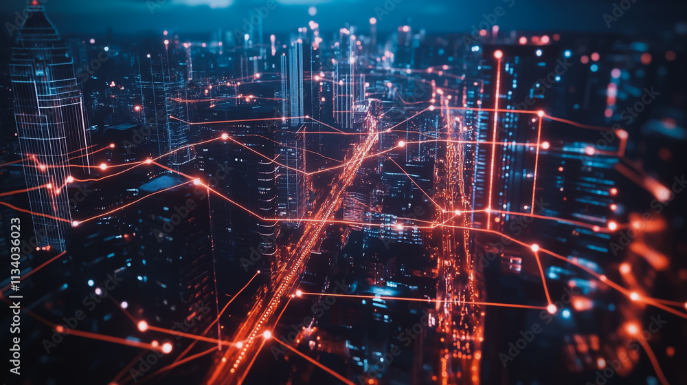 Obraz premium Smart digital Innovation city with connection network reciprocity over the cityscape. of future smart wireless digital city and social media networking systems that connects people with in city