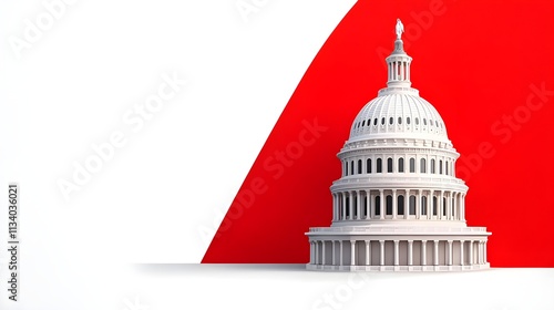 Architectural Model of a Capitol Building on a Bold Red and White Background