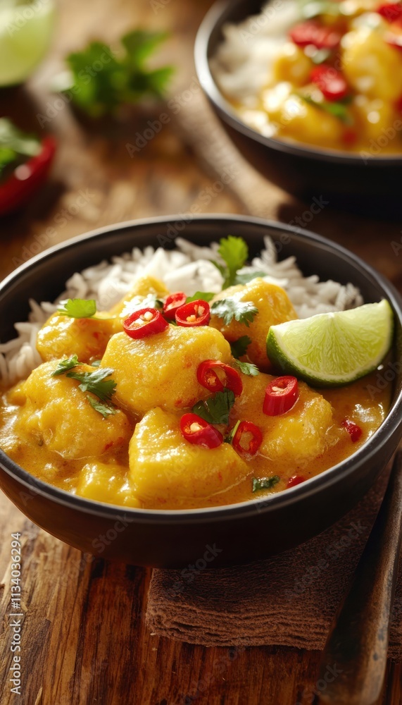 A bowl of creamy curry with rice, garnished with chili, cilantro, and lime. A bowl of creamy curry with rice, garnished with chili, cilantro, and lime.