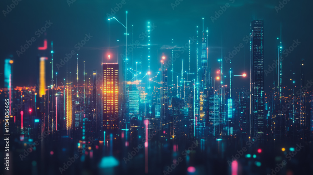 Smart digital Innovation city with connection network reciprocity over the cityscape. of future smart wireless digital city and social media networking systems that connects people with in city Smart digital Innovation city with connection network reciprocity over the cityscape. of future smart wireless digital city and social media networking systems that connects people with in city