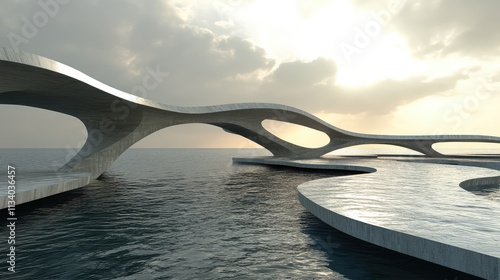 A waterfront structure with angular walkways and overhangs, designed to mimic the shapes of crashing waves and flowing water
