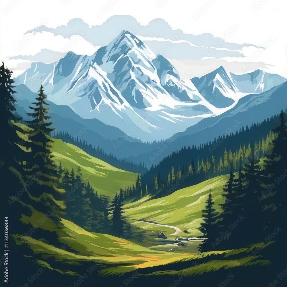 Fototapeta premium the AI Image Generator, Mountain Landscape With Pine Forest And Blue Sky Scenery