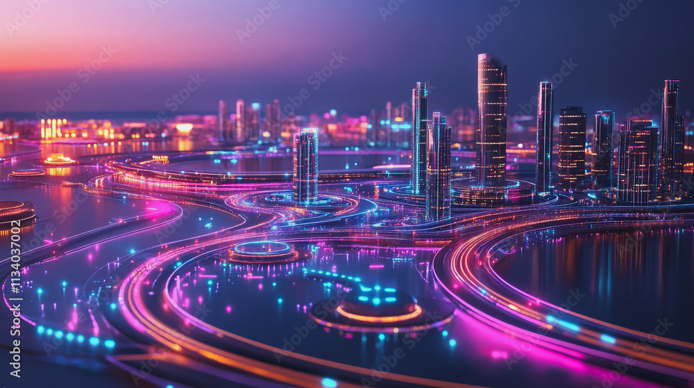 Fototapeta premium Smart digital Innovation city with connection network reciprocity over the cityscape. of future smart wireless digital city and social media networking systems that connects people with in city