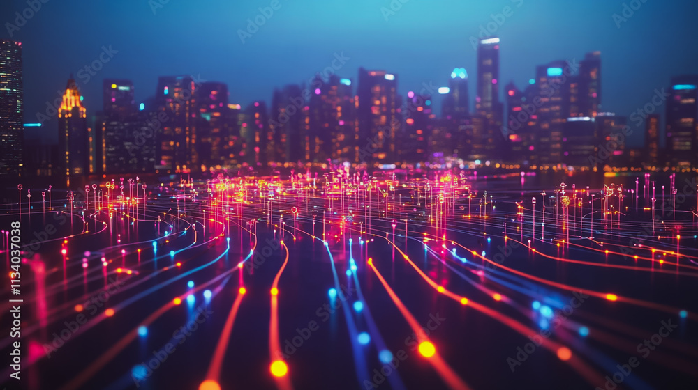 Fototapeta premium Smart digital Innovation city with connection network reciprocity over the cityscape. of future smart wireless digital city and social media networking systems that connects people with in city