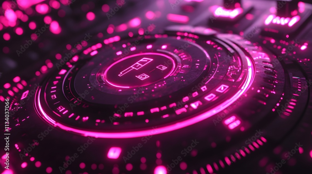 Close-up of a futuristic, glowing pink circular interface with digital symbols. Close-up of a futuristic, glowing pink circular interface with digital symbols.