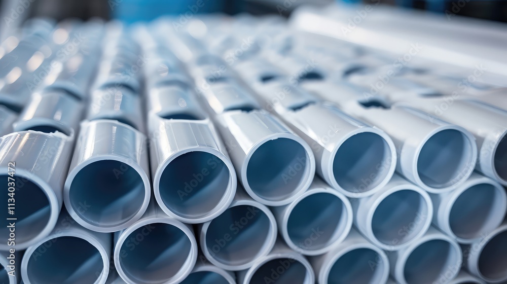 Glossy White Plastic Pipe Stack in Warehouse Glossy White Plastic Pipe Stack in Warehouse