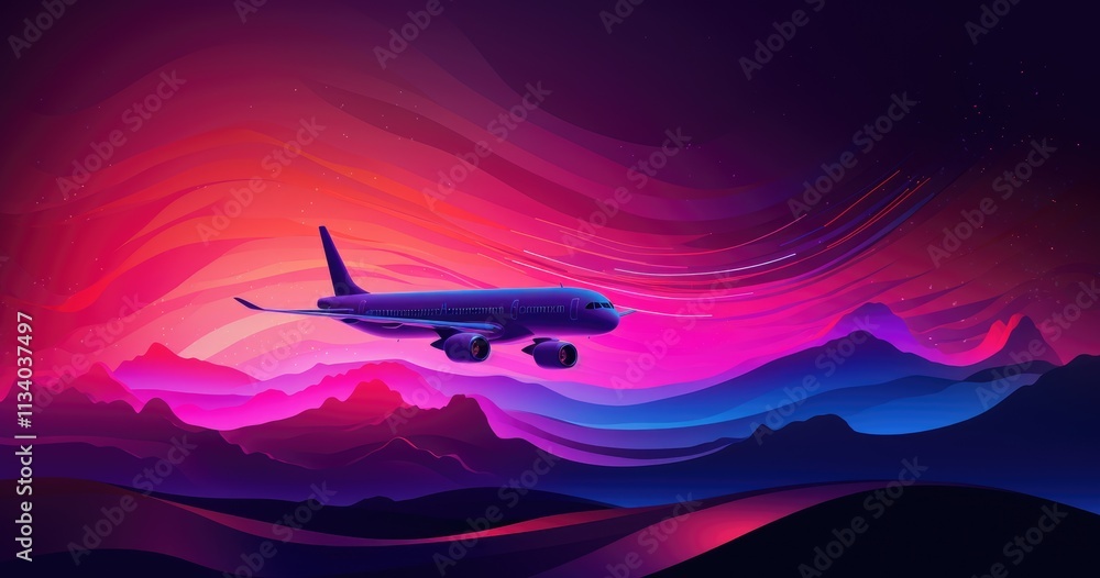 Naklejka premium beautiful color background with purple airplane silhouette on dark beautiful, light neon colorful gradient wave line