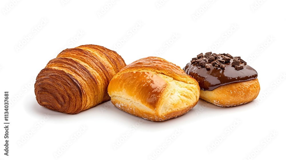 Freshly Baked Assortment of Flaky Croissants and Chocolate Topped Pastry Treats Freshly Baked Assortment of Flaky Croissants and Chocolate Topped Pastry Treats
