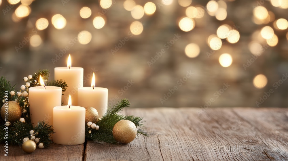 Warm, glowing candles surrounded by evergreen sprigs and golden ornaments create a cozy atmosphere, perfect for holiday decorations, festive gatherings, or mood lighting in any seasonal setting, Warm, glowing candles surrounded by evergreen sprigs and golden ornaments create a cozy atmosphere, perfect for holiday decorations, festive gatherings, or mood lighting in any seasonal setting,