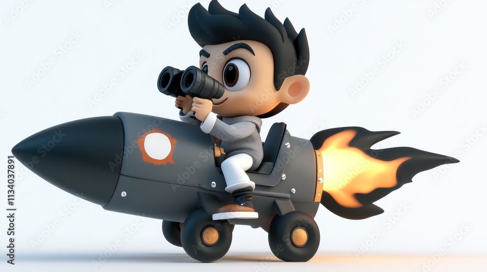 Cartoon boy in business suit riding a rocket with binoculars. Cartoon boy in business suit riding a rocket with binoculars.