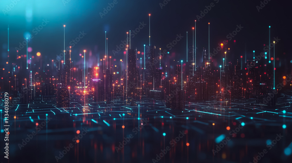 Fototapeta premium Smart digital Innovation city with connection network reciprocity over the cityscape. of future smart wireless digital city and social media networking systems that connects people with in city