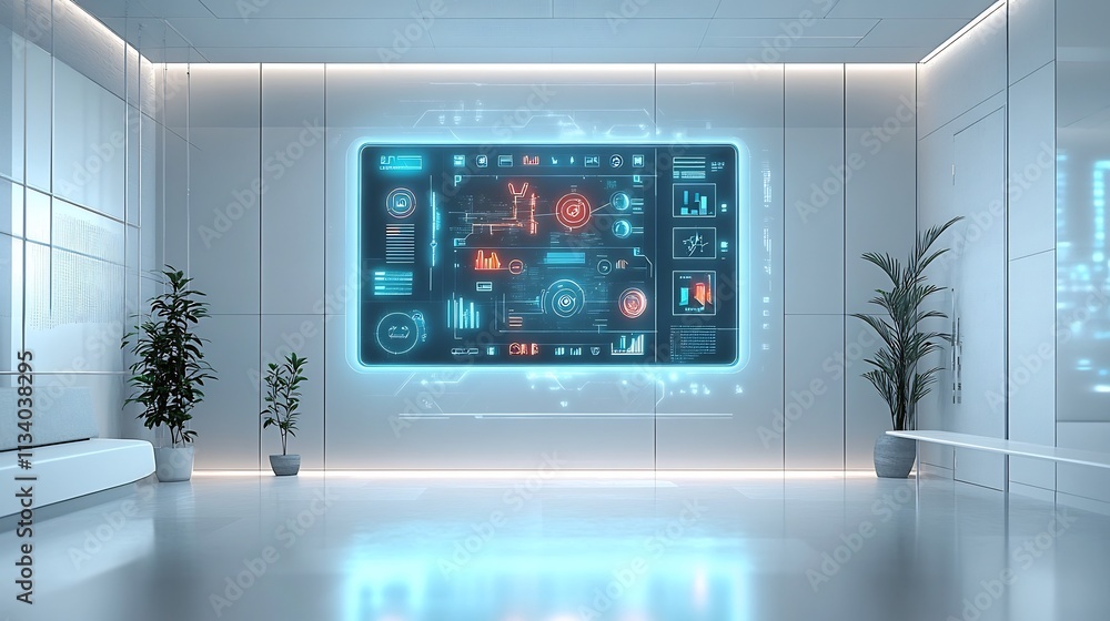 Futuristic Holographic Control Panel in Tech Infused Coworking Environment Futuristic Holographic Control Panel in Tech Infused Coworking Environment