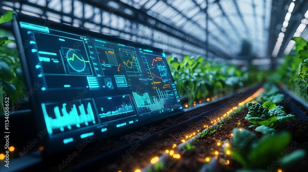 Obraz premium Futuristic 3D Holographic Soil Health Monitoring System in Climate Controlled Greenhouse with Vibrant Data Visualizations