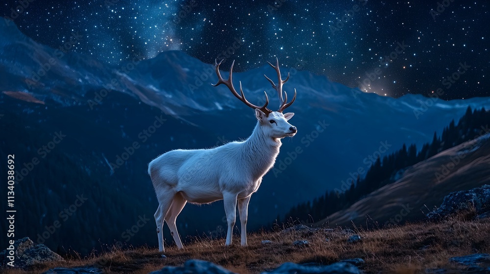 Fototapeta premium A majestic white deer with perfect antlers, on the mountain and the view of the stars in the beautiful sky