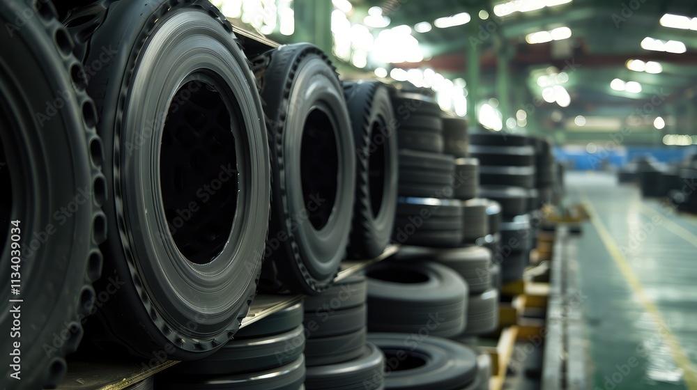 Fototapeta premium Organized Tire Storage in Industrial Warehouse