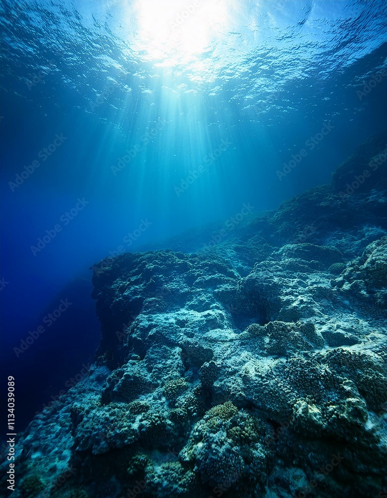Underwater Ocean - Blue Abyss With Sunlight - Diving And Scuba Background Underwater Ocean - Blue Abyss With Sunlight - Diving And Scuba Background