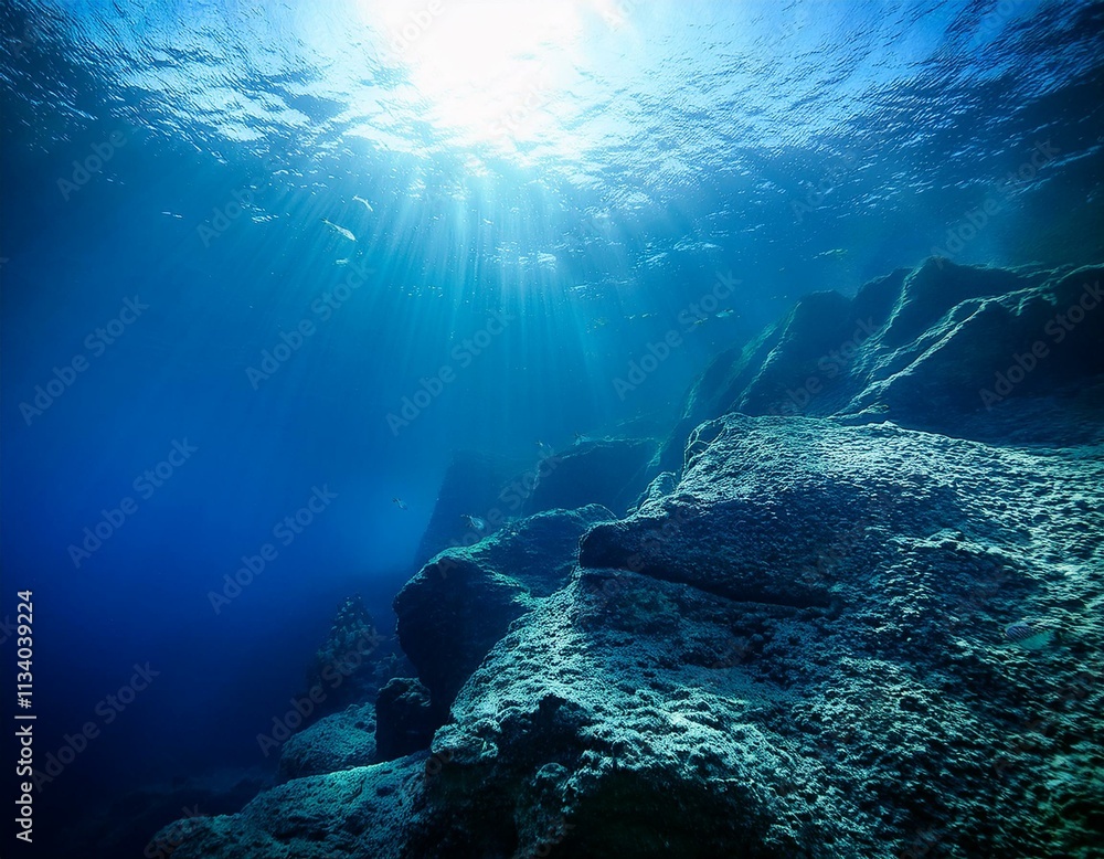 Underwater Ocean - Blue Abyss With Sunlight - Diving And Scuba Background Underwater Ocean - Blue Abyss With Sunlight - Diving And Scuba Background